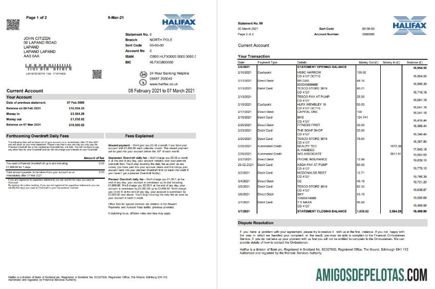 Modelo de comprovante de endereço do Banco Halifax do Reino Unido para download em formato Excel e PDF (2 páginas)